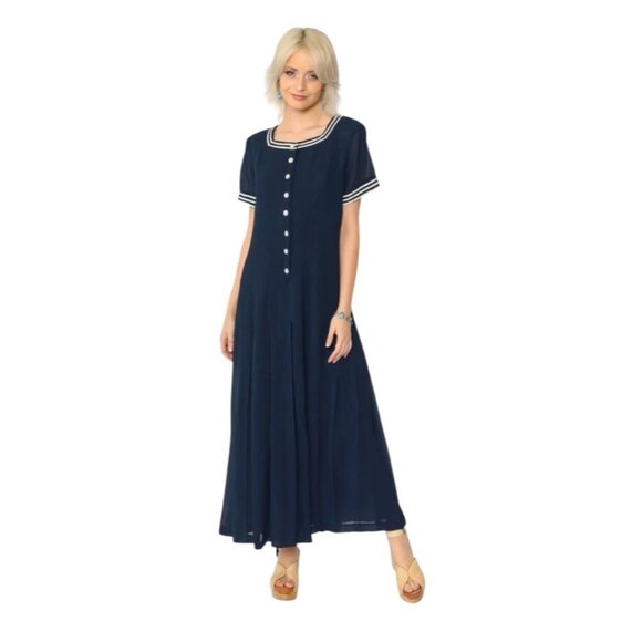Vintage Academia Maxi Dress Navy Preppy Nautical Minimalist Librarian Size 18 W - Picture 1 of 12